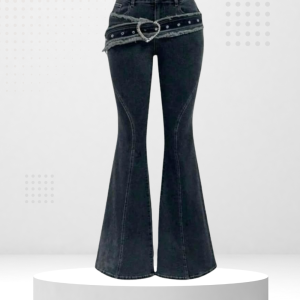 Quần Jeans Ống Loe Phối Đai Tim