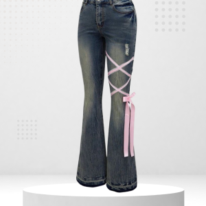 Quần Jeans Ống Loe Phối Nơ Hồng